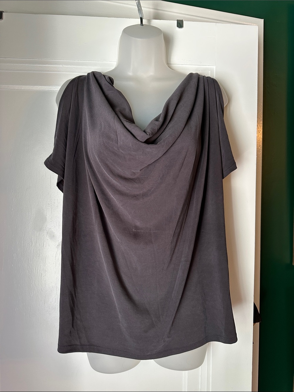 White House Black Market Draped Cowl Neck Tunic - Cold Shoulder- Charcoal Gray